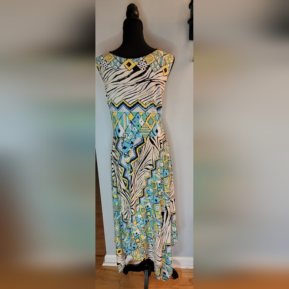 Art deco print sleeveless dress teal, yellow, white high- low